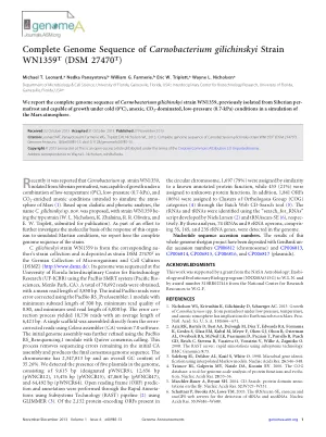 Complete Genome Sequence of Carnobacterium gilichinskyi Strain WN1359T (DSM 27470T)