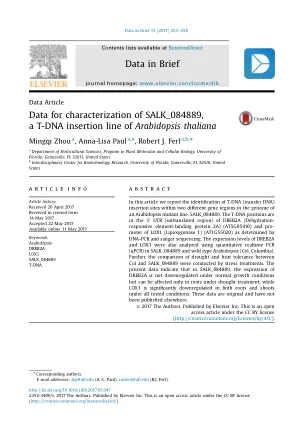 Data for characterization of SALK_084889, a T-DNA insertion line of Arabidopsis thaliana